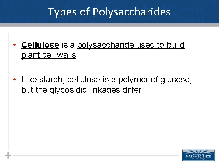 Types of Polysaccharides • Cellulose is a polysaccharide used to build plant cell walls Types of Polysaccharides • Cellulose is a polysaccharide used to build plant cell walls