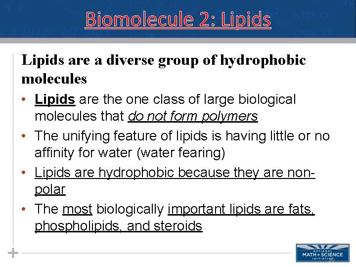 Biomolecule 2: Lipids are a diverse group of hydrophobic molecules • Lipids are the