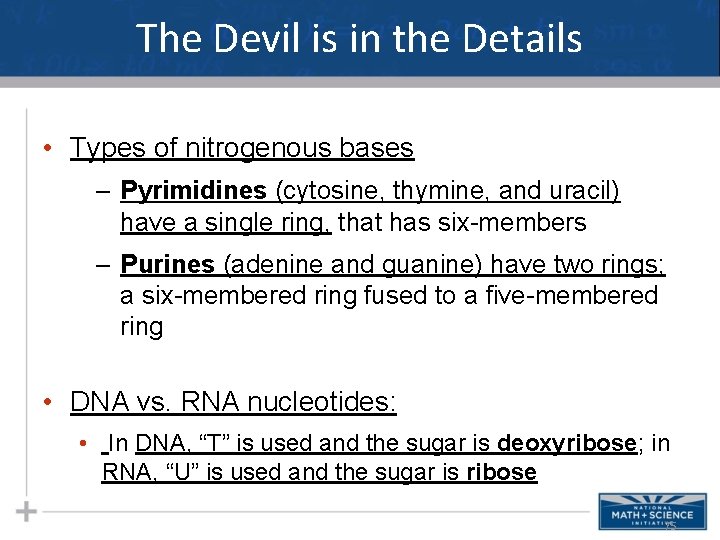 The Devil is in the Details • Types of nitrogenous bases – Pyrimidines (cytosine,