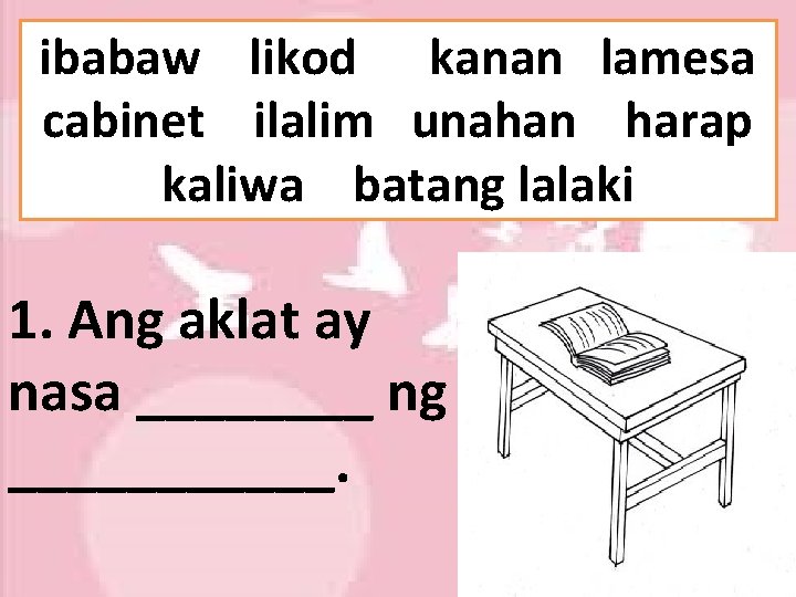 ibabaw likod kanan lamesa cabinet ilalim unahan harap kaliwa batang lalaki 1. Ang aklat