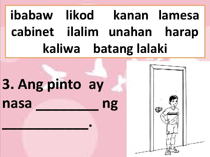 ibabaw likod kanan lamesa cabinet ilalim unahan harap kaliwa batang lalaki 3. Ang pinto