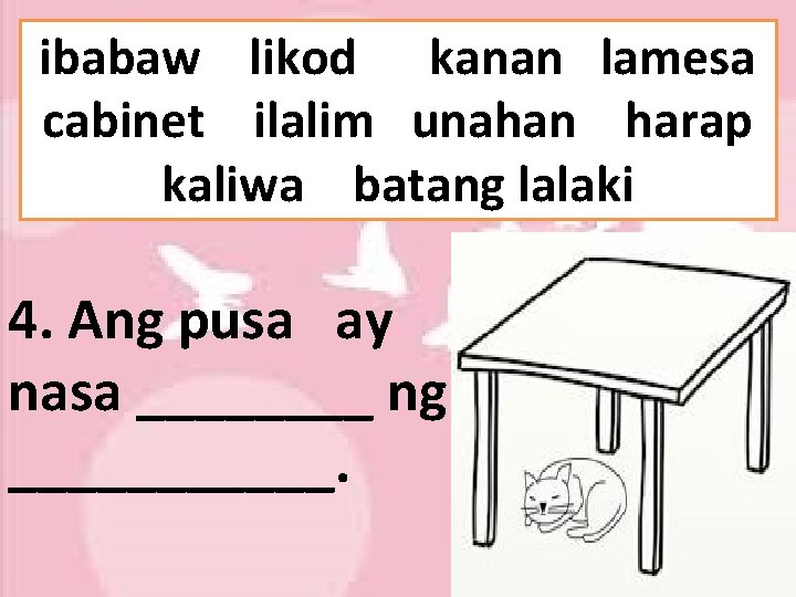 ibabaw likod kanan lamesa cabinet ilalim unahan harap kaliwa batang lalaki 4. Ang pusa