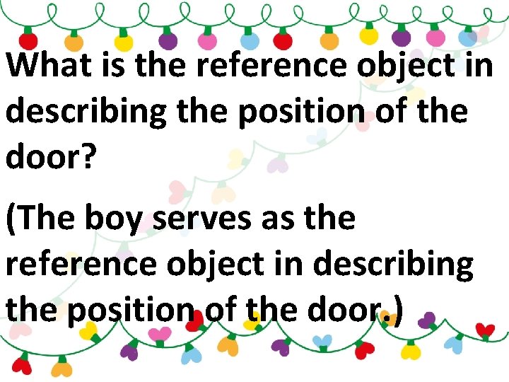 What is the reference object in describing the position of the door? (The boy