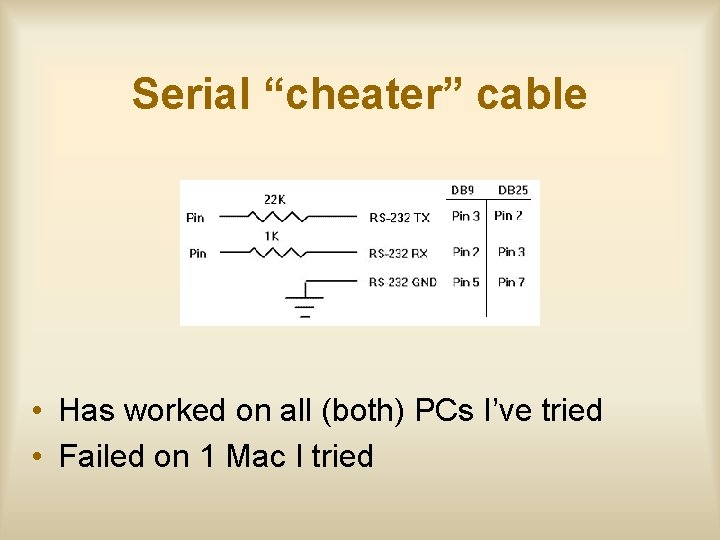 Serial “cheater” cable • Has worked on all (both) PCs I’ve tried • Failed