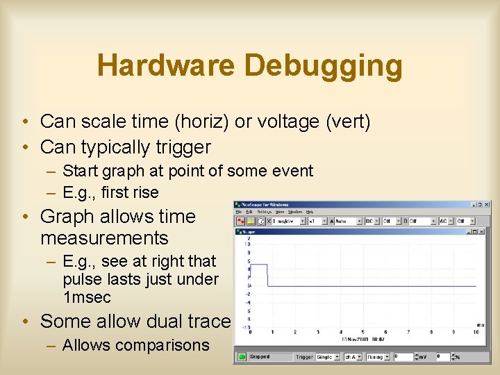 Hardware Debugging • Can scale time (horiz) or voltage (vert) • Can typically trigger