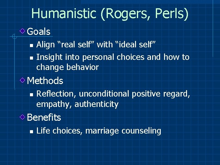 Humanistic (Rogers, Perls) Goals Align “real self” with “ideal self” Insight into personal choices