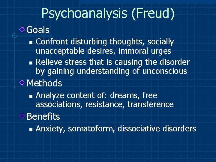 Psychoanalysis (Freud) Goals Confront disturbing thoughts, socially unacceptable desires, immoral urges Relieve stress that