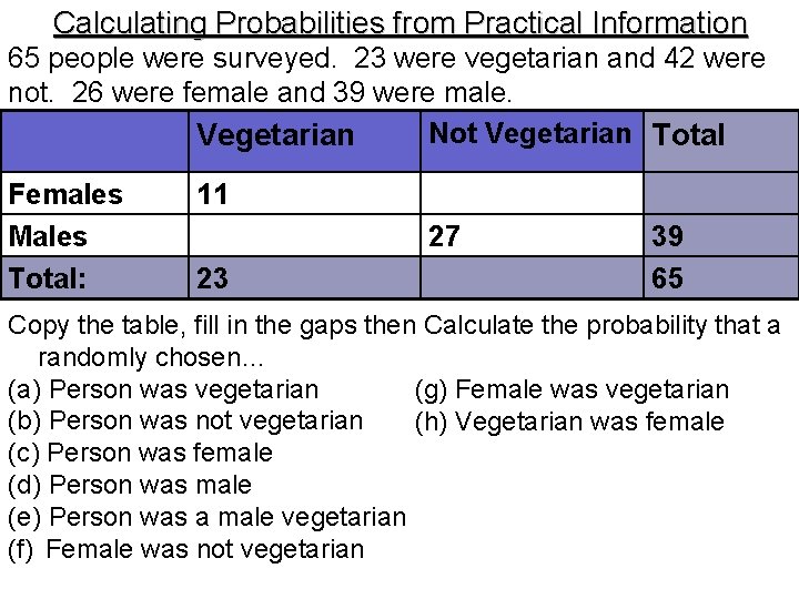 Calculating Probabilities from Practical Information 65 people were surveyed. 23 were vegetarian and 42