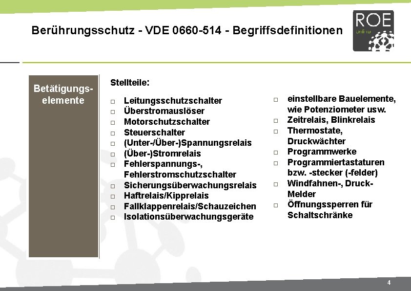 Berührungsschutz - VDE 0660 -514 - Begriffsdefinitionen Betätigungselemente Stellteile: Leitungsschutzschalter Überstromauslöser Motorschutzschalter Steuerschalter (Unter-/Über-)Spannungsrelais