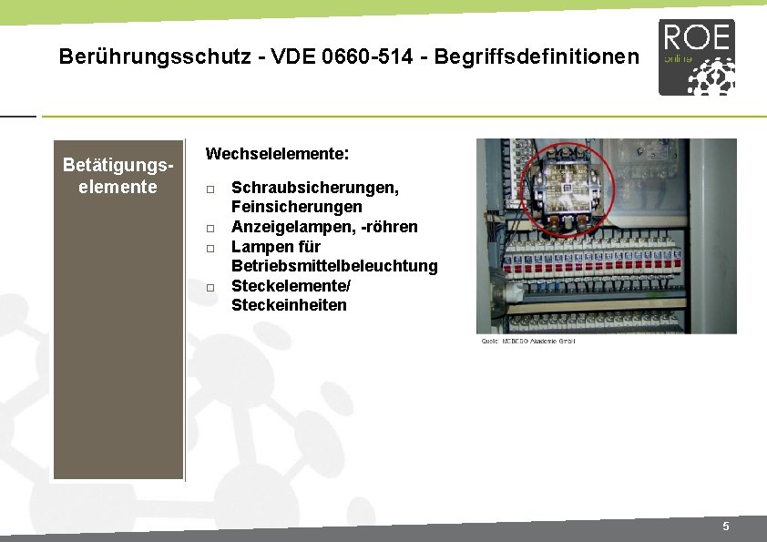 Berührungsschutz - VDE 0660 -514 - Begriffsdefinitionen Betätigungselemente Wechselelemente: Schraubsicherungen, Feinsicherungen Anzeigelampen, -röhren Lampen