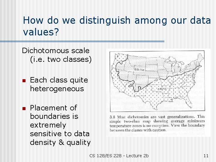 How do we distinguish among our data values? Dichotomous scale (i. e. two classes)