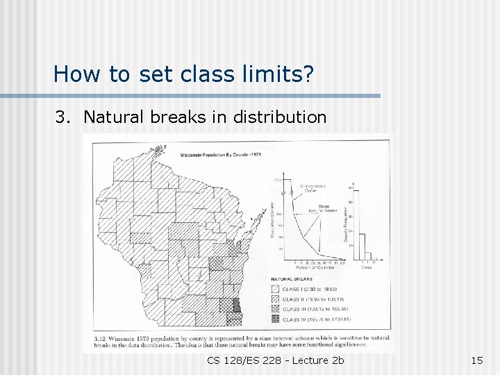 How to set class limits? 3. Natural breaks in distribution CS 128/ES 228 -