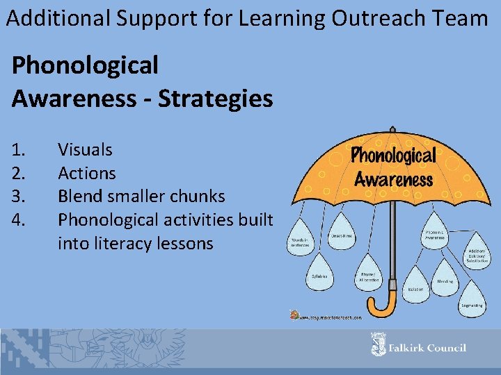 Additional Support for Learning Outreach Team Phonological Awareness - Strategies 1. 2. 3. 4.