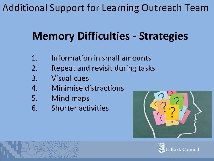 Additional Support for Learning Outreach Team Memory Difficulties - Strategies 1. 2. 3. 4.