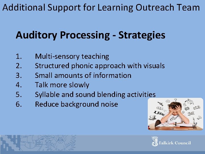 Additional Support for Learning Outreach Team Auditory Processing - Strategies 1. 2. 3. 4.