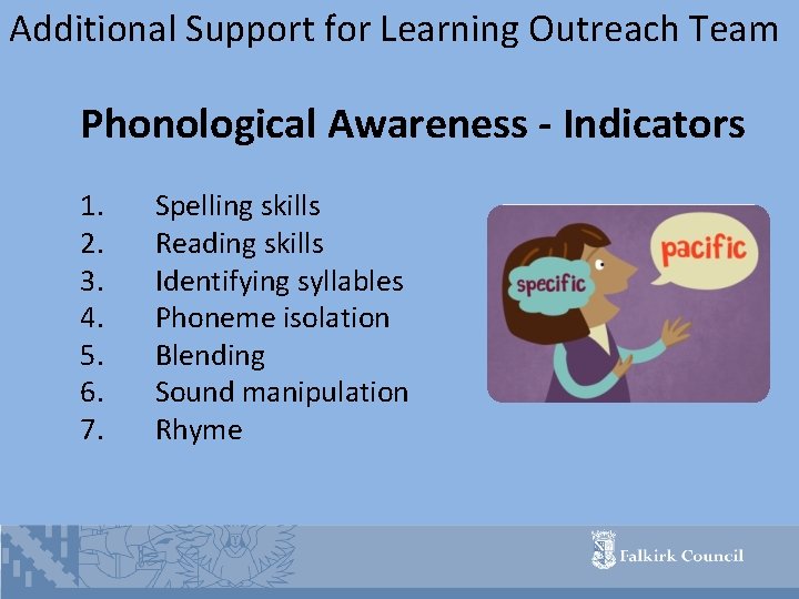 Additional Support for Learning Outreach Team Phonological Awareness - Indicators 1. 2. 3. 4.