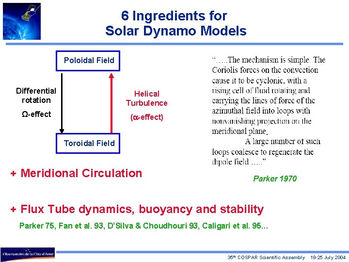 6 Ingredients for Solar Dynamo Models Poloidal Field Differential rotation Helical Turbulence Ω-effect (