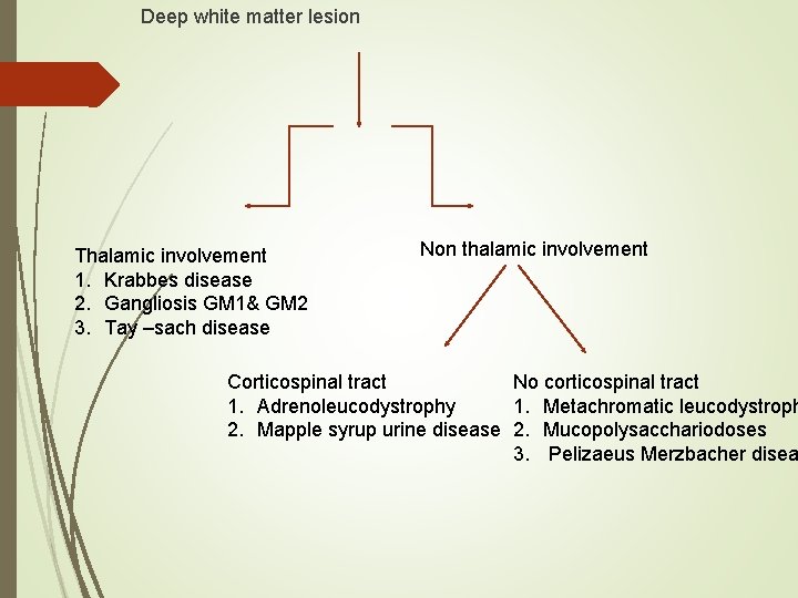 Deep white matter lesion Thalamic involvement 1. Krabbes disease 2. Gangliosis GM 1& GM