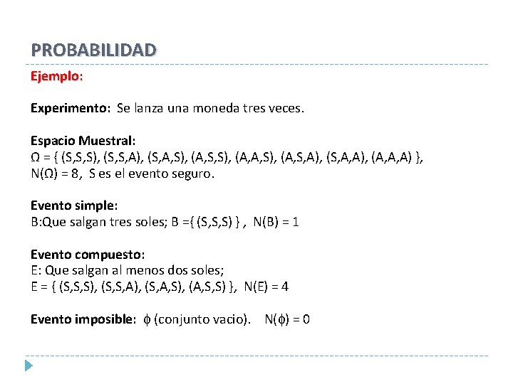 PROBABILIDAD Ejemplo: Experimento: Se lanza una moneda tres veces. Espacio Muestral: Ω = {