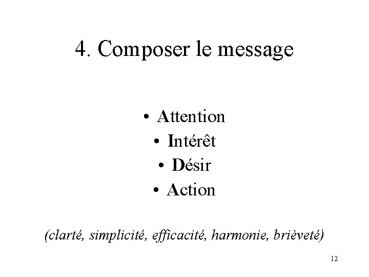 4. Composer le message • Attention • Intérêt • Désir • Action (clarté, simplicité,