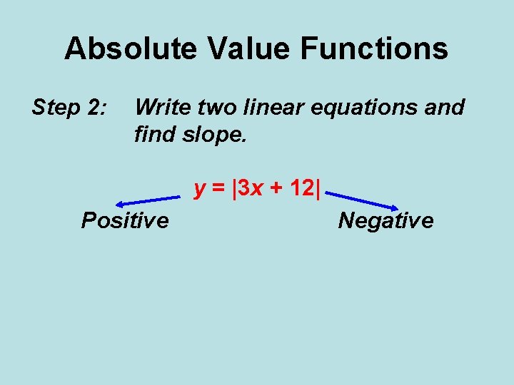 Absolute Value Functions Step 2: Write two linear equations and find slope. y =