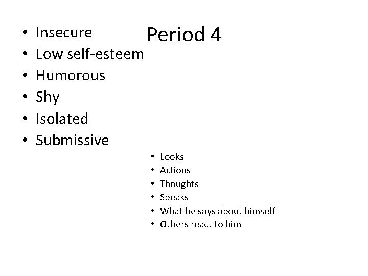 • • • Insecure Period Low self-esteem Humorous Shy Isolated Submissive • •