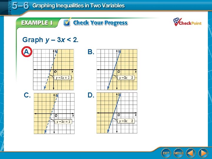 Graph y – 3 x < 2. A. B. C. D. 