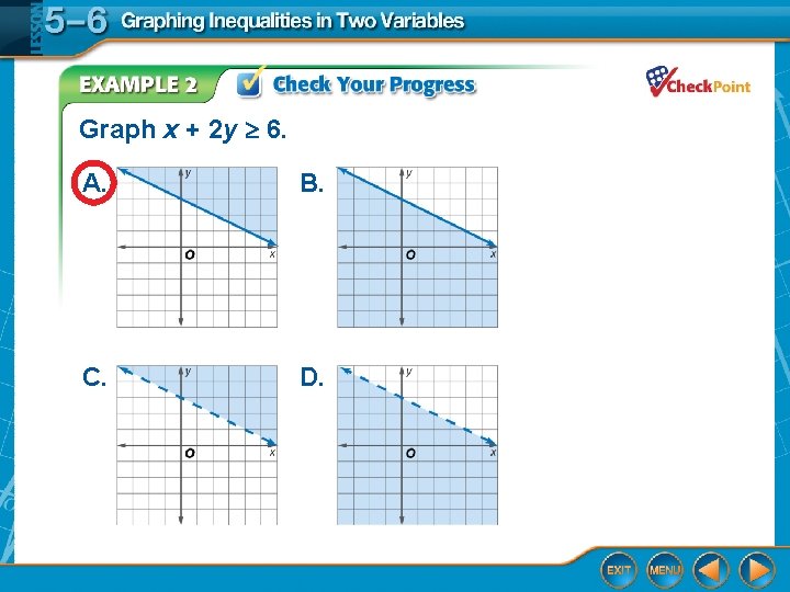 Graph x + 2 y 6. A. B. C. D. 