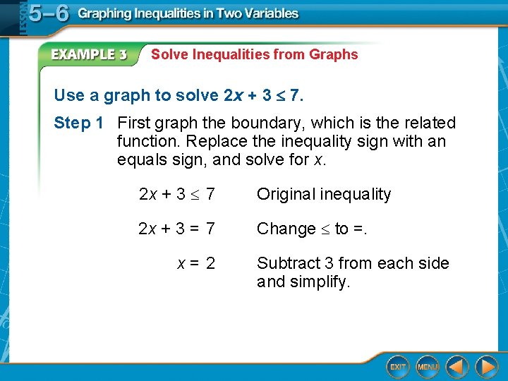 Solve Inequalities from Graphs Use a graph to solve 2 x + 3 7.