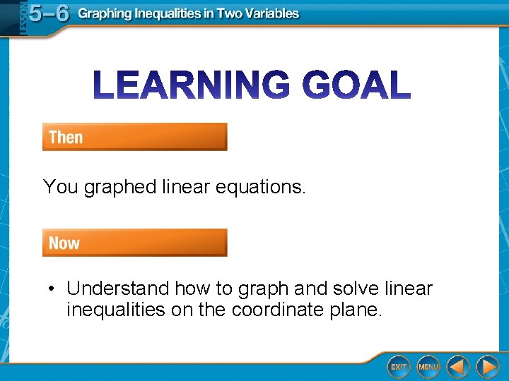 You graphed linear equations. • Understand how to graph and solve linear inequalities on