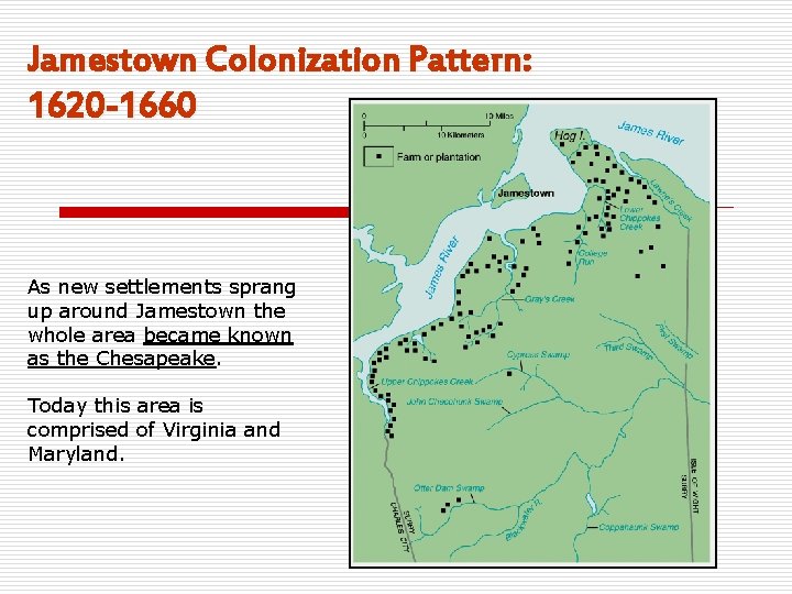 Jamestown Colonization Pattern: 1620 -1660 As new settlements sprang up around Jamestown the whole