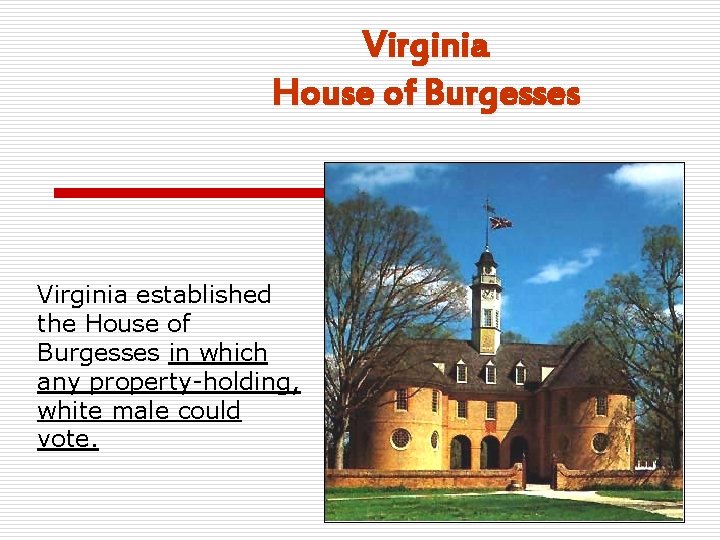 Virginia House of Burgesses Virginia established the House of Burgesses in which any property-holding,