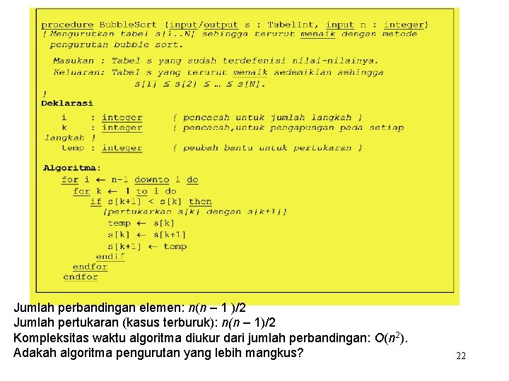 Jumlah perbandingan elemen: n(n – 1 )/2 Jumlah pertukaran (kasus terburuk): n(n – 1)/2