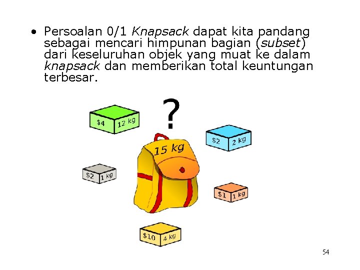  • Persoalan 0/1 Knapsack dapat kita pandang sebagai mencari himpunan bagian (subset) dari