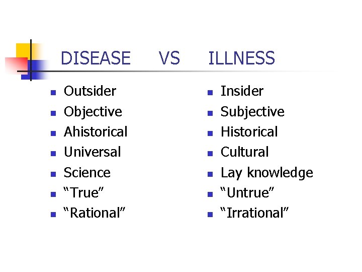 DISEASE n n n n Outsider Objective Ahistorical Universal Science “True” “Rational” VS ILLNESS