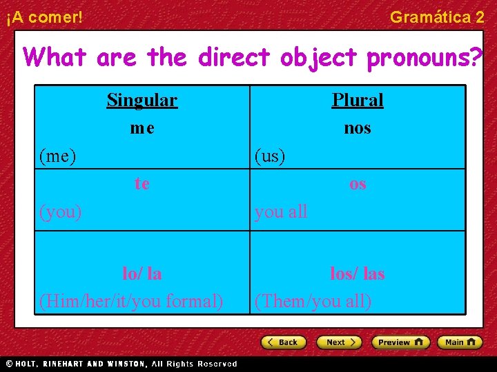 ¡A comer! Gramática 2 What are the direct object pronouns? Singular me (me) Plural