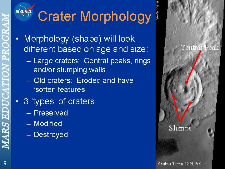 Crater Morphology • Morphology (shape) will look different based on age and size: Central