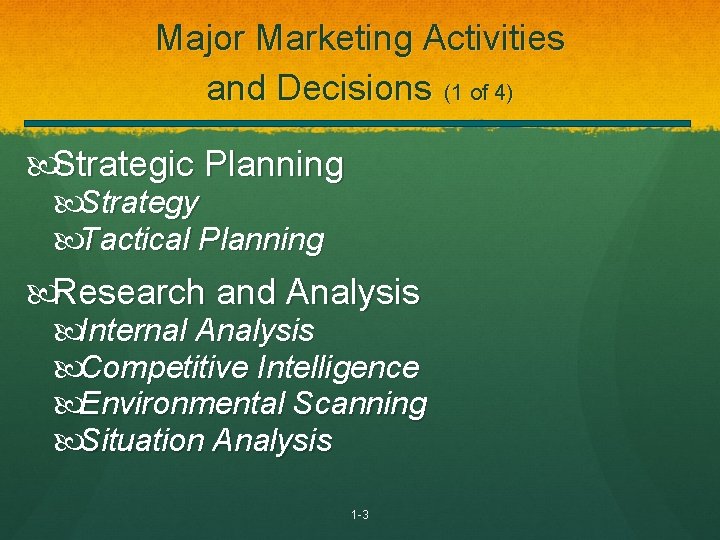 Major Marketing Activities and Decisions (1 of 4) Strategic Planning Strategy Tactical Planning Research