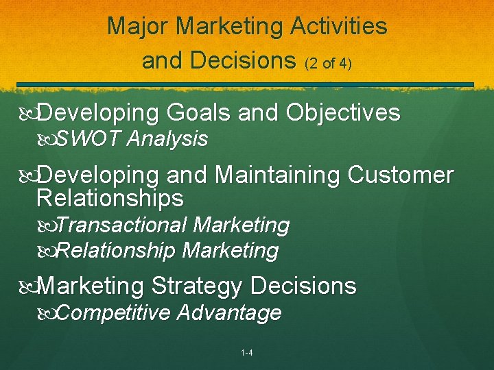 Major Marketing Activities and Decisions (2 of 4) Developing Goals and Objectives SWOT Analysis