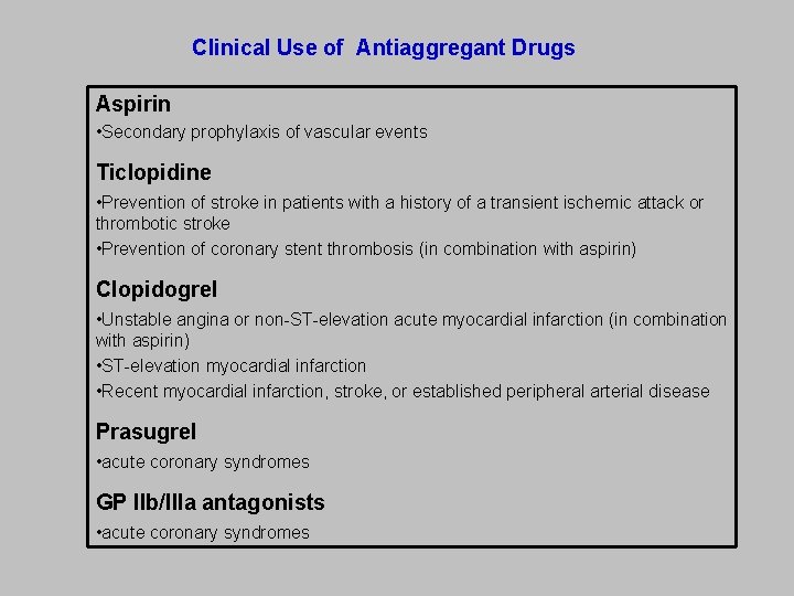 Clinical Use of Antiaggregant Drugs Aspirin • Secondary prophylaxis of vascular events Ticlopidine •
