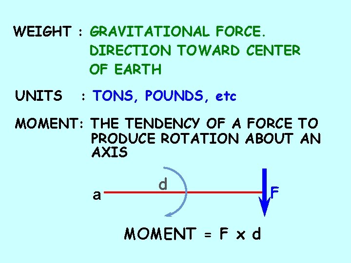 WEIGHT : GRAVITATIONAL FORCE. DIRECTION TOWARD CENTER OF EARTH UNITS : TONS, POUNDS, etc