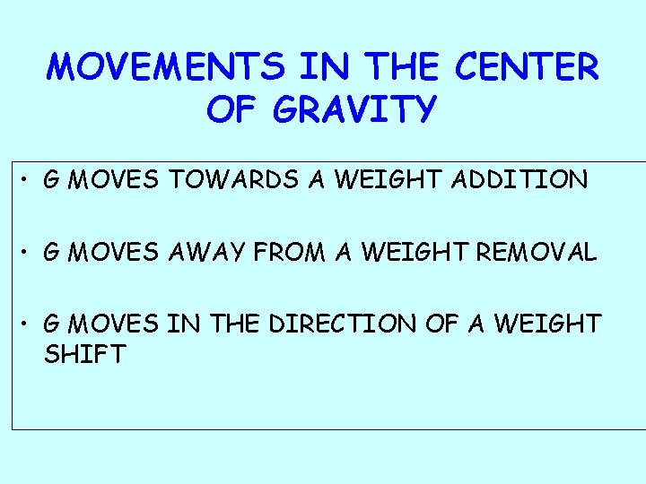 MOVEMENTS IN THE CENTER OF GRAVITY • G MOVES TOWARDS A WEIGHT ADDITION •