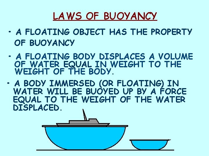 LAWS OF BUOYANCY • A FLOATING OBJECT HAS THE PROPERTY OF BUOYANCY • A
