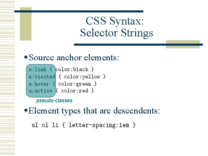 CSS Syntax: Selector Strings w. Source anchor elements: pseudo-classes w. Element types that are