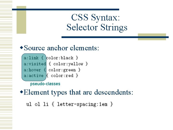 CSS Syntax: Selector Strings w. Source anchor elements: pseudo-classes w. Element types that are