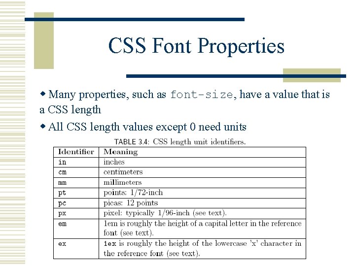 CSS Font Properties w Many properties, such as font-size, have a value that is