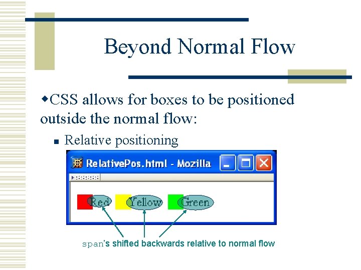 Beyond Normal Flow w. CSS allows for boxes to be positioned outside the normal