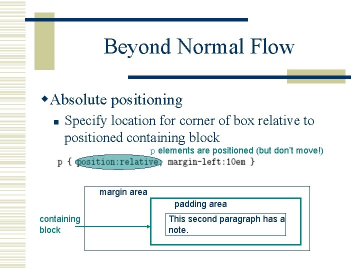 Beyond Normal Flow w. Absolute positioning n Specify location for corner of box relative