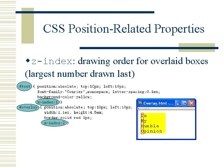 CSS Position-Related Properties wz-index: drawing order for overlaid boxes (largest number drawn last) 