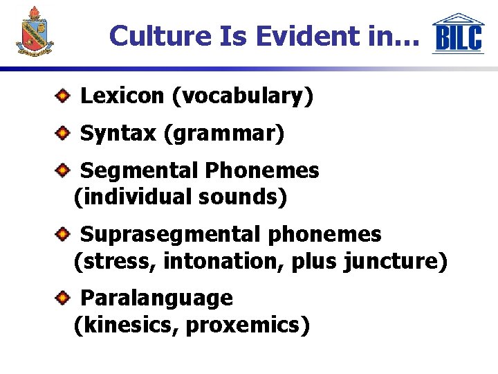 Culture Is Evident in… Lexicon (vocabulary) Syntax (grammar) Segmental Phonemes (individual sounds) Suprasegmental phonemes